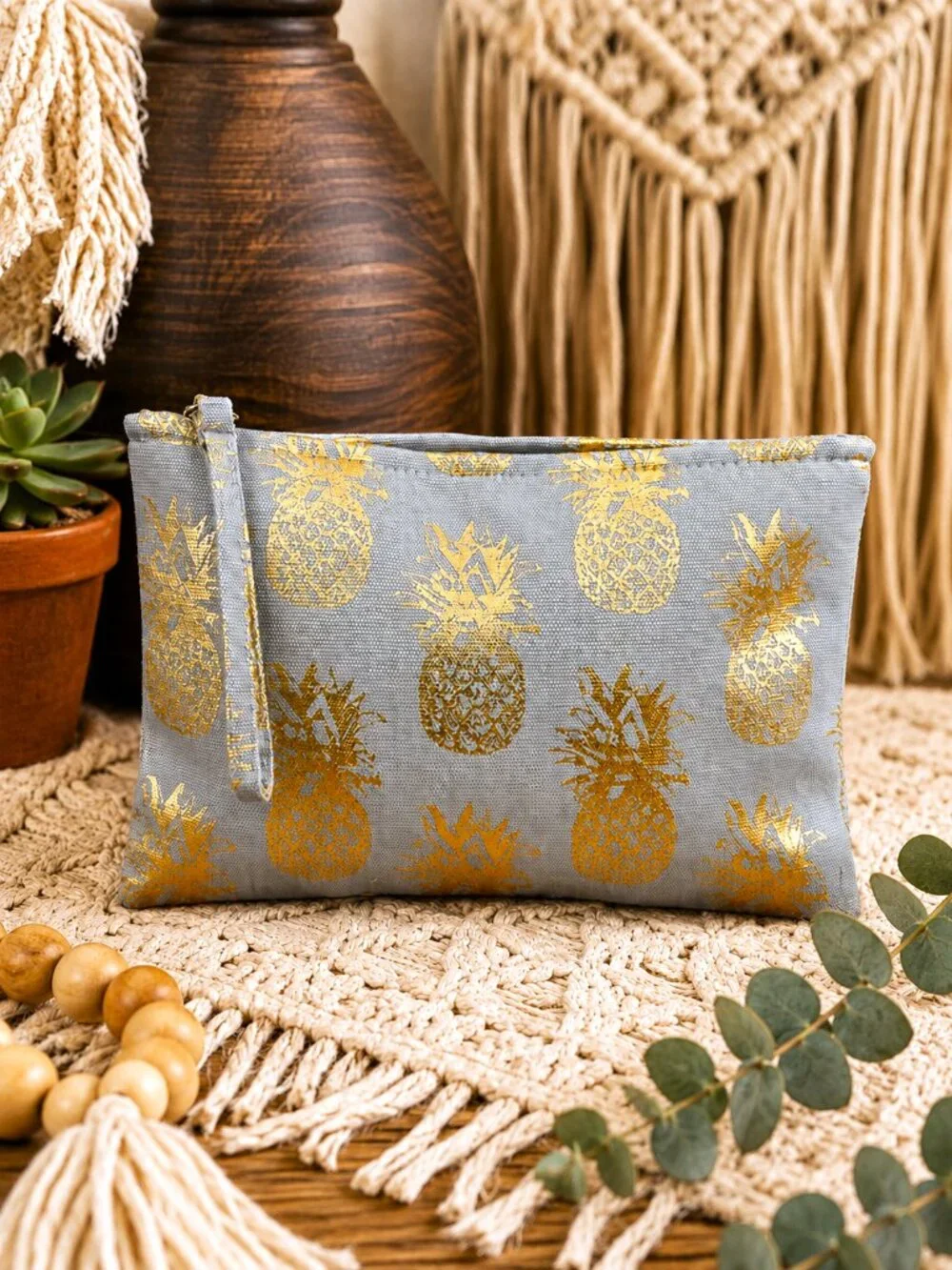 Gray Metallic Gold Pineapples Wristlet Clutch Pouch Travel Case Bag Tropical NWT
